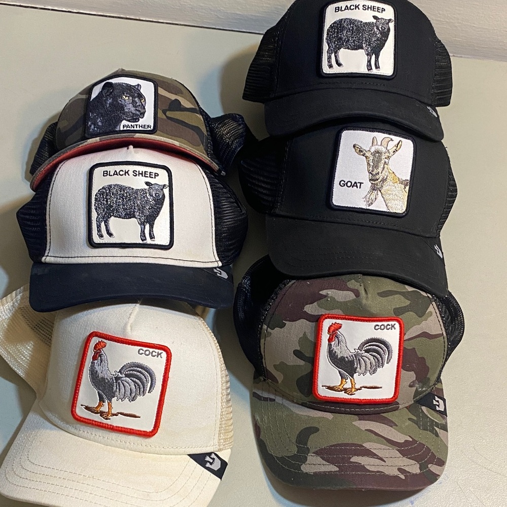 Goorin Bros Camo Trucker Hat with Red-Trim Rooster Patch